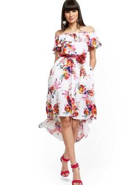 NEW YORK & CO White Abstract Multicolor Florals Off-Shoulder Midi Dress sz L NEW